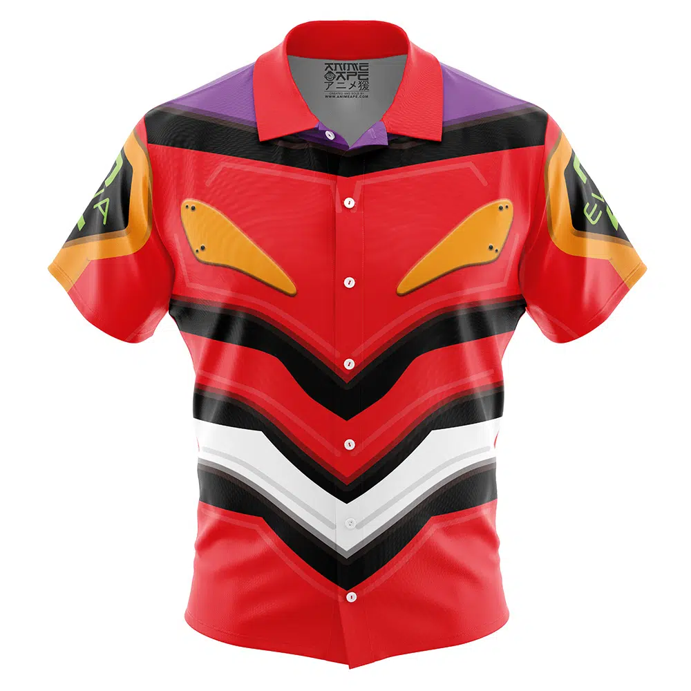 Eva 02 Evangelion Short Sleeve Hawaiian Shirt FRONT mockup - Neon Genesis Evangelion UK Shop