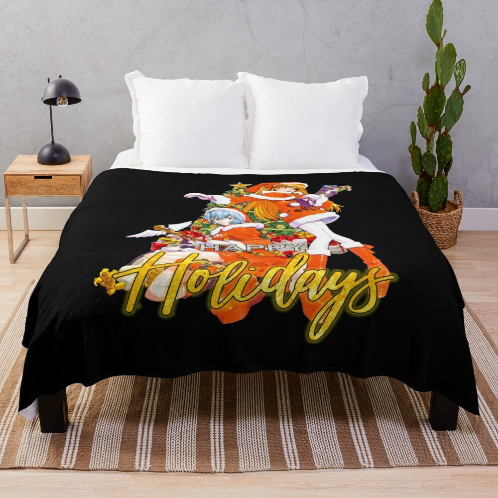 Neon Genesis Evangelion Asuka Rei Happy Holidays Throw Blanket